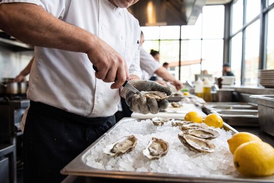 Chef shucking oysters on ice with lemons in a professional kitchen, preparing seafood delicacy