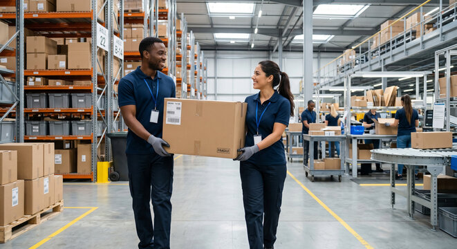 Diverse warehouse workers cooperating to pack cardboard boxes in fulfillment center.