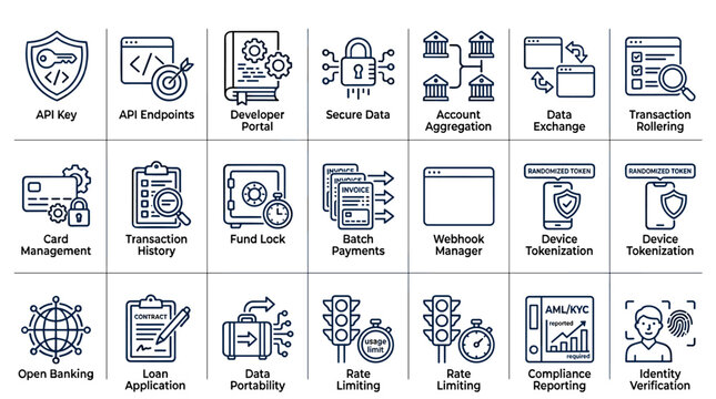 Set of 20 colorful flat icons representing api and data management features