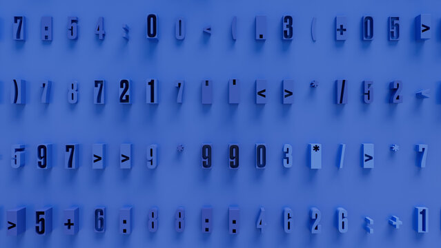 Three-Dimensional Blue Geometric Shapes Featuring Unique Mathematical Symbols on Solid Blue Background, High-Detail Digital Render for Educational and Data Visualization Projects