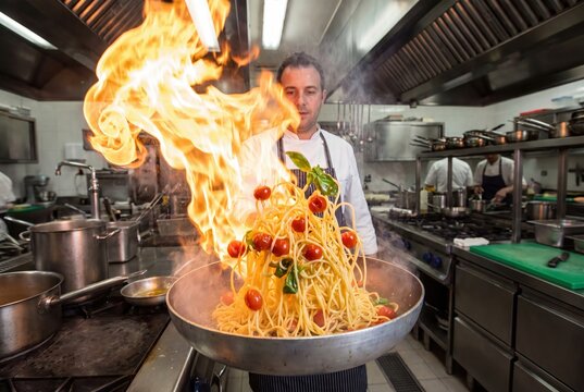 Chef flambes spaghetti with tomatoes and basil in a professional kitchen with dramatic fire flames.