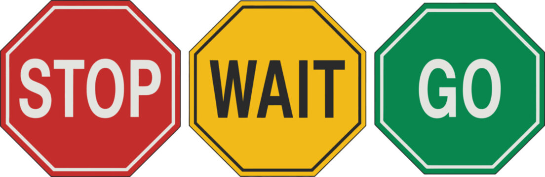 Traffic light, icon set, stop wait go signals in red yellow green for road safety education, driving rules and traffic regulation design.
