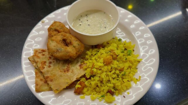 Camera orbiting around a traditional Indian breakfast plate featuring poha, medu vada, coconut chutney, and folded paratha arranged on a white serving dish.