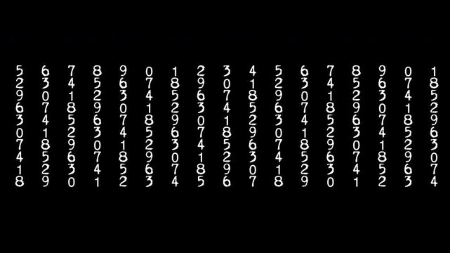 Horizontal matrix rows of white numeric code cycles cascading on a dark background. Perfect as a composite overlay for cryptocurrency, corporate cybersecurity, and software development themes.