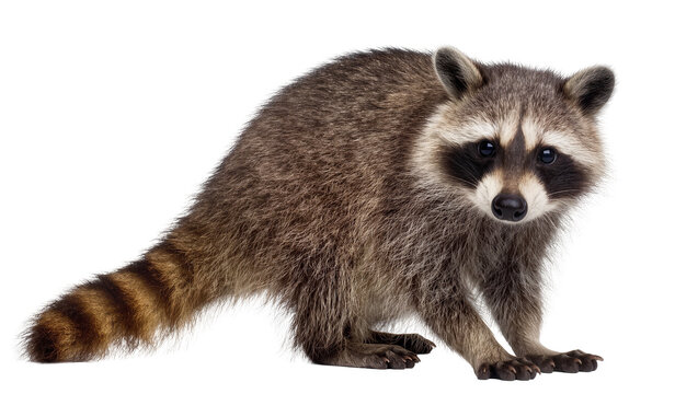 Raccoon with striped tail and masked face on white