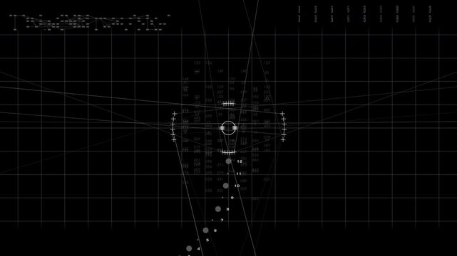 Monochromatic HUD radar display featuring a LIDAR telemetry overlay, rotating grid matrices, and tracking analytics. Great for sci-fi user interfaces and defense concepts.