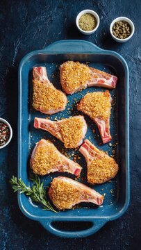 Breaded pork chops arranged in baking dish