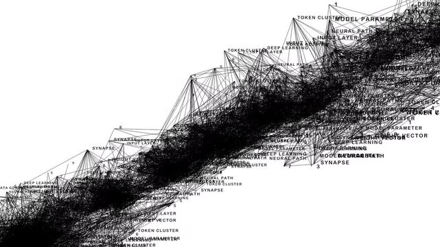 Microscopic camera sweep through a sprawling text blueprint map of deep learning token clusters and weight vectors. Ideal for machine learning models and artificial intelligence assets.