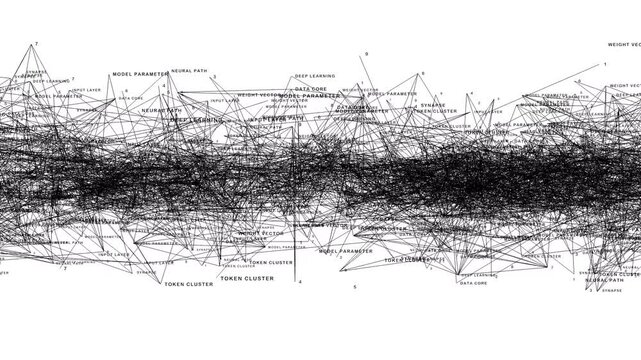Sprawling 3D mathematical mesh of complex text data arrays moving horizontally over white background. Perfect for machine learning, artificial intelligence blueprints, and deep learning networks