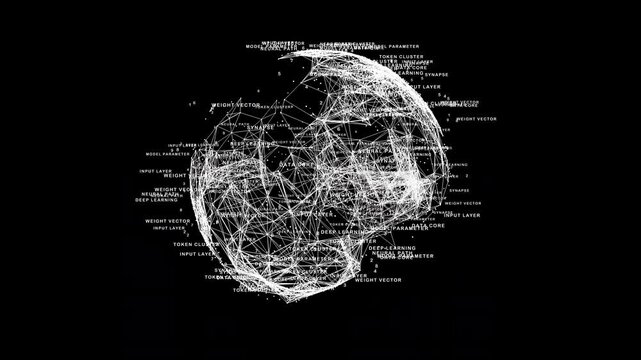 High-tech monochromatic 3D sphere globe composed of rotating text data arrays and connected neural vector nodes on a solid black screen. Excellent compositing element for dark artificial intelligence,
