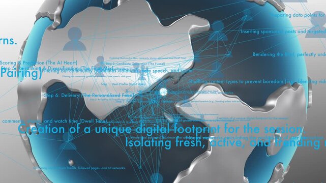Tech typography map media analytics, wrapping around a stylized 3D metallic rotating planet Earth.Ideal for global connectivity presentations, international tech infrastructure, and macro social data
