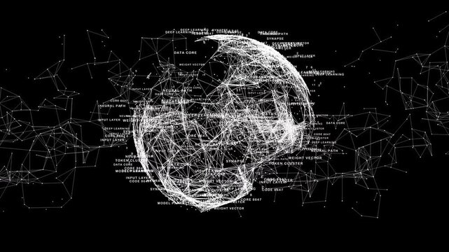 Floating technical sphere map constructed from dynamic text data modules with an expanded outer constellation of connecting network nodes. Great as an infographic overlay for quantum computing.