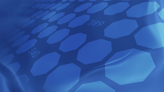 High-tech deep blue corporate layout displaying floating numeric data strings inside structured octagonal and hexagonal grid tiles. Ideal for security frameworks, financial analytics, and corporate pr