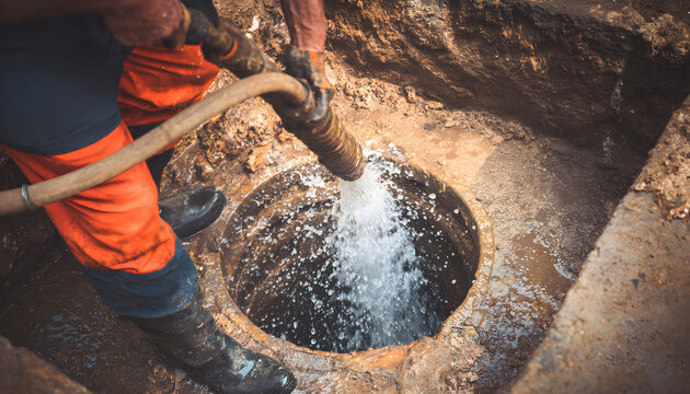 Worker uses a high-pressure water jet to clean a clogged sewer pipe. A plumber clears a blockage with a hose in a dirty drain. Sewage maintenance service is provided for an underground utility system.
