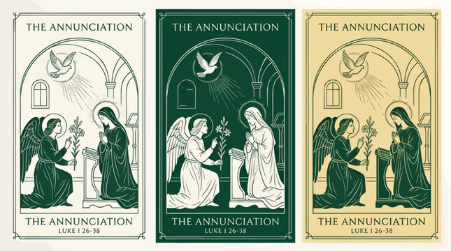 Monochromatic Vector Illustration of The Annunciation, Angel Gabriel Delivering Divine Message to Virgin Mary, Holy Spirit Dove Descending, Religious Scene with Architectural Elements, Luke 1 26-38