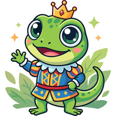 Fototapeta premium A cartoon frog prince waves enthusiastically wearing a crown and royal attire outdoors.