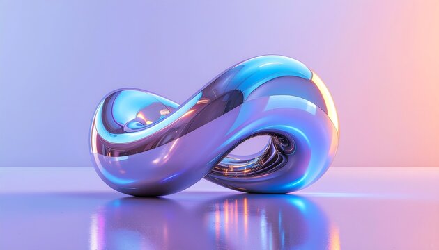 Futuristic Abstract Chrome Sculpture with Infinity Loop Design and Pastel Neon Gradient Reflections