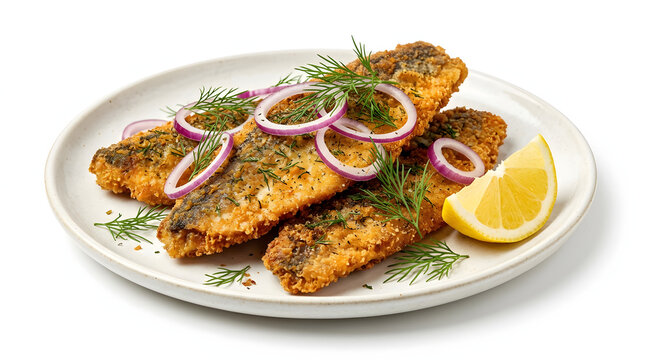 Crispy fried Swedish herring fillets with fresh dill, onion, and lemon wedge, eye-level angle on a white background
