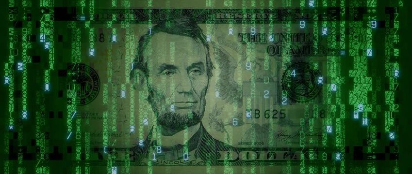 Digital Cash Concept with Five Dollar Bill made up of Animated Code. Blockchain Banking Wallpaper.