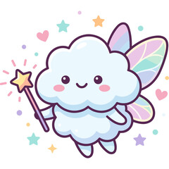 Naklejka premium A smiling cartoon cloud fairy with wings holds a wand surrounded by colorful stars and hearts.