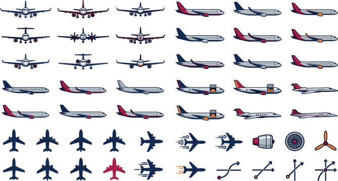 Airplane and Aviation Icon Set with Commercial Jet Airliners, Flight Paths, and Passenger Plane Symbols for Travel, 