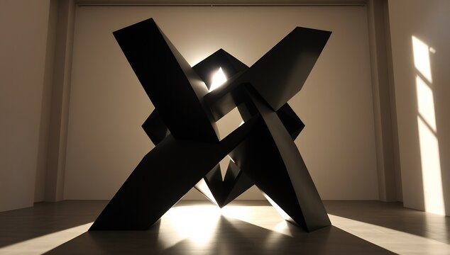 A large black sculpture sitting on a wooden floor in a room