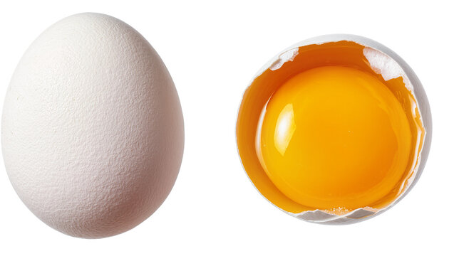 Whole white egg next to cracked egg with bright yellow yolk