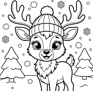 Reindeer With Winter Hat And Trees Black And White Vector Illustration