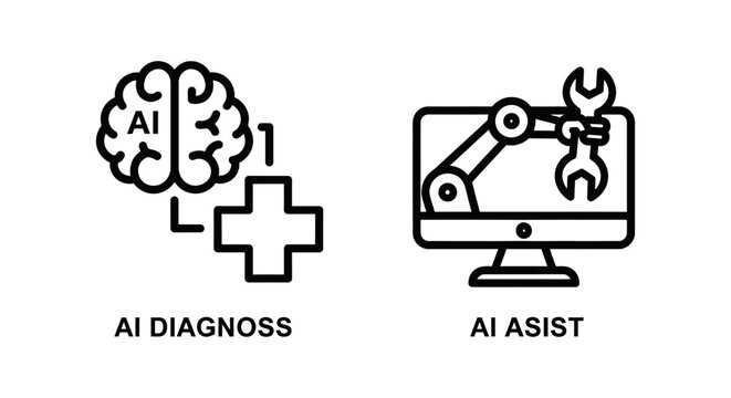 Artificial intelligence diagnosis and automated technical assistance icons set with diagnosis assistance automation robotics technical technology artificial intelligence computer
