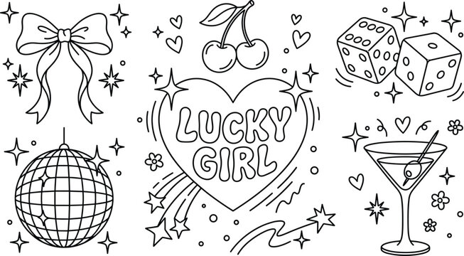 Lucky girl syndrome aesthetic icon set with bow disco ball cherries dice and martini in doodle style