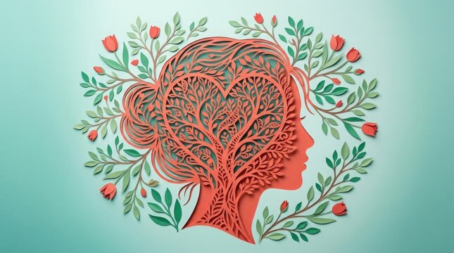 Mental health day concept woman's profile with tree silhouette and floral arrangement