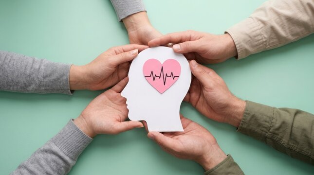 Mental health day concept hands supporting a head with heartbeat line illustration