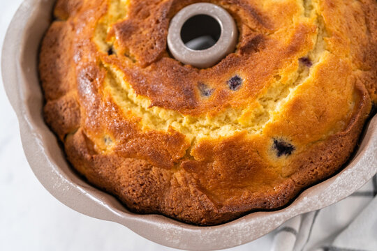 Lemon blueberry bundt cake with powdered sugar dusting