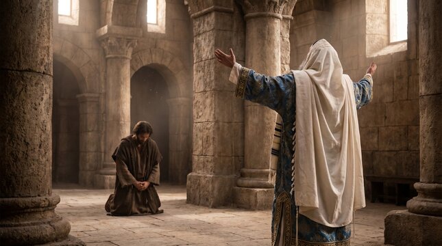 Biblical Parable of the Pharisee and the Tax Collector Praying in the Temple, Concept of Pride and Humility
