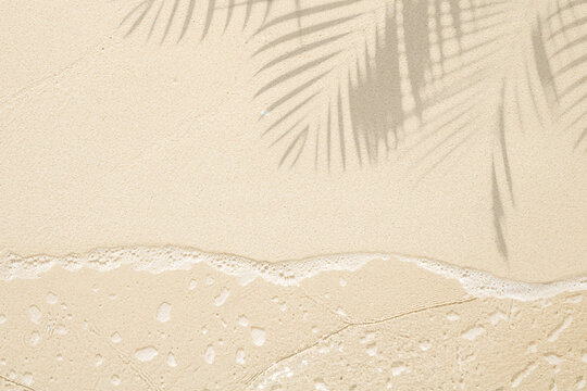 Summer background of tropical sea beach sand with shadows from palm leaves
