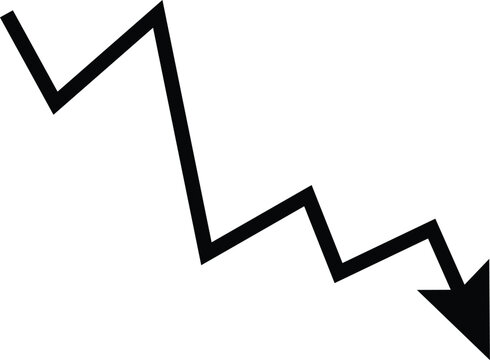 Downward zigzag arrow represents a declining business trend. Black line chart depicts loss, market crash, or financial crisis. Vector symbol is ideal for economy graphics.