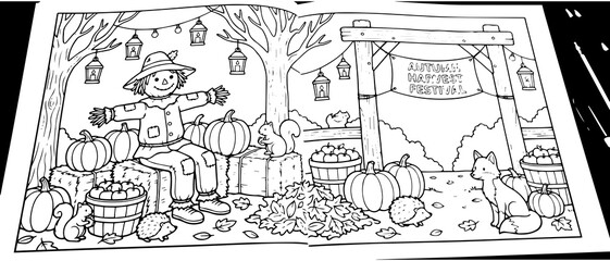 Obraz premium Detailed autumn harvest festival coloring page featuring a smiling scarecrow, pumpkins, apple baskets, woodland animals, and a wooden archway