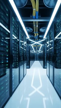 Server room perspective with rows of data racks, illuminated pathway, and bundled cables overhead, representing technology and data processing