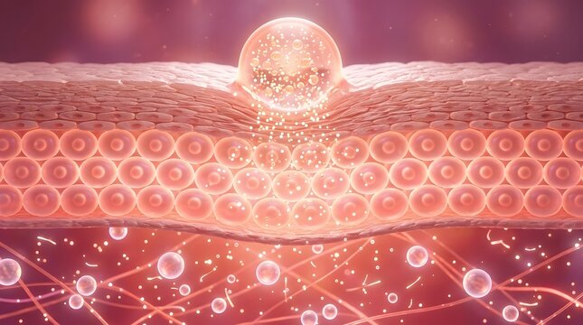 Skincare absorption cellular rejuvenation with micro capsule releasing active ingredients into epidermis layer cross section