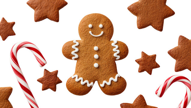 Gingerbread man cookie with star cookies and candy canes