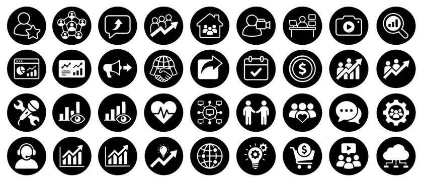 Set of black and white circular representing business growth, digital marketing, team communication, and technical infrastructure tools