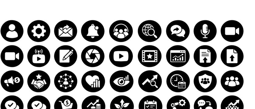 Comprehensive set of black and white circular representing business, digital marketing, communication, and technical development tools