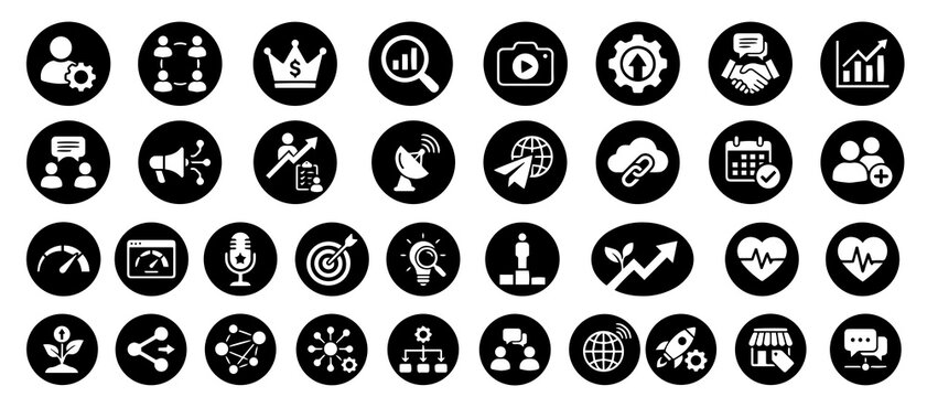 Set of black and white circular representing business strategy, digital marketing, team collaboration, and technical infrastructure tools