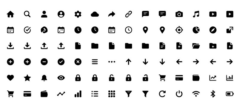 Collection of solid black interface and utility for web and mobile applications, arranged in a grid for clean digital navigation