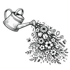 Vector art of a watering pot growing beautiful garden flowers, featuring blooming plants emerging from the can, designed as a nature icon and logo concept with clean lines and creative style. © primus