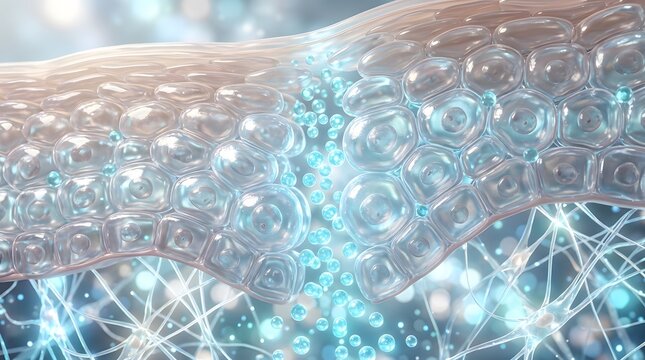 Skin tissue with hydro spheres replenishing moisture barrier and repairing cell structure matrix