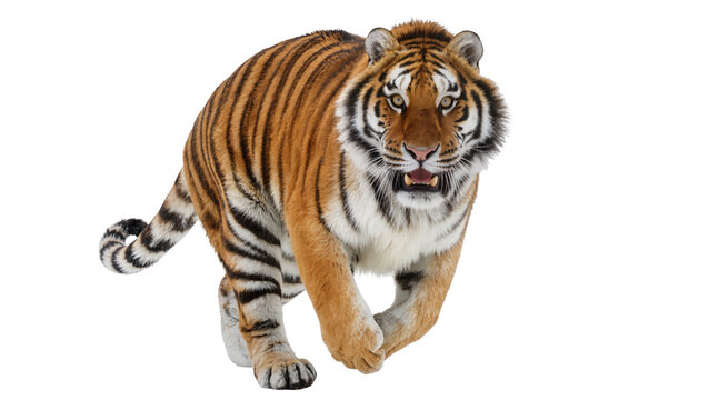 Tiger running forward with open mouth and visible teeth