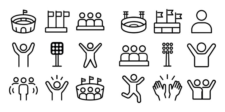 Sports crowd icons with stadium flag people outline