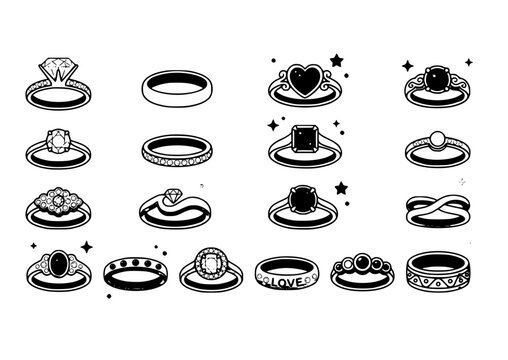 Cartoon rings vector set with golden silver gemstone jewelry engagement rings and luxury accessories on white background