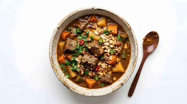 Delicious Senegalese Mafe, a rich beef and peanut stew in a bowl, isolated on a pure white background